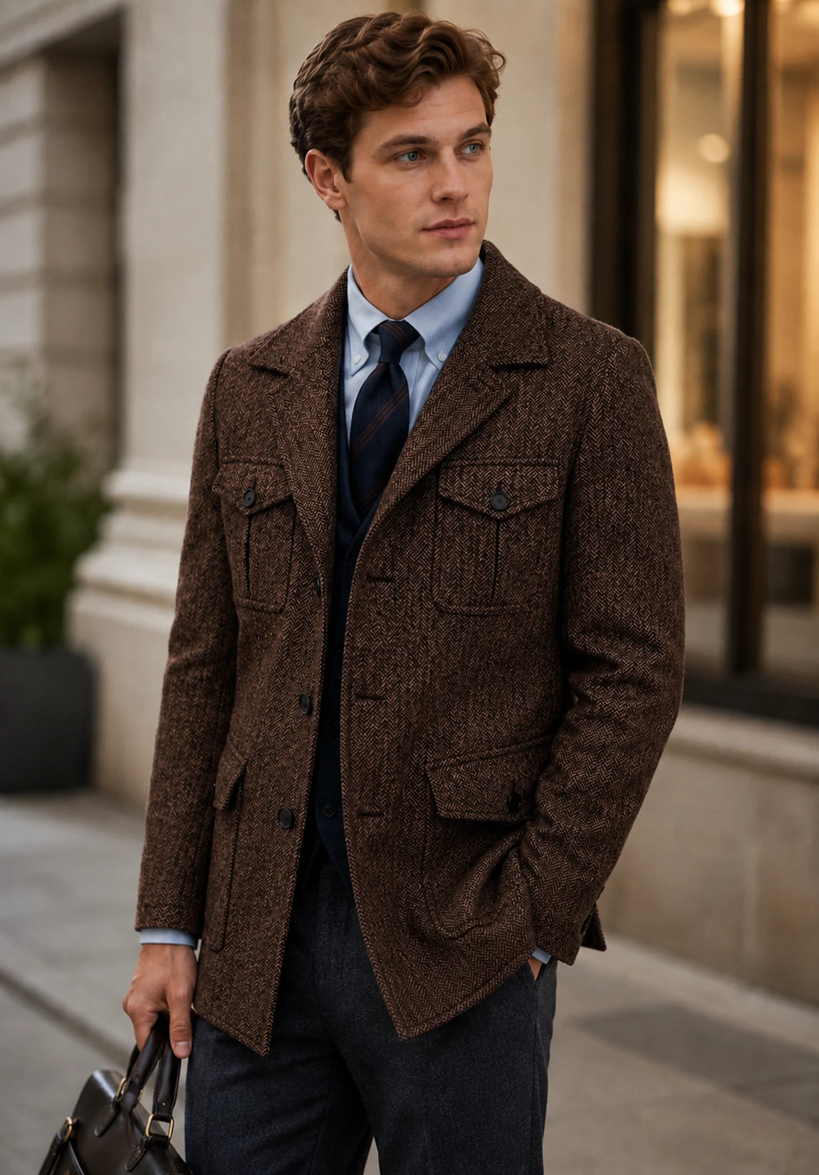 Men's coffee herringbone jacket