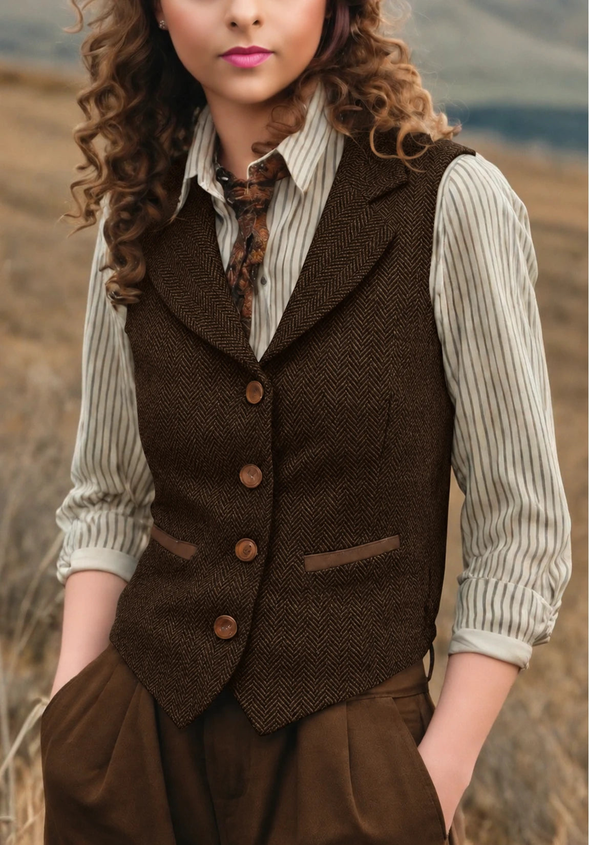 Women's Suit Vest Coffee Herringbone Front Styled Look