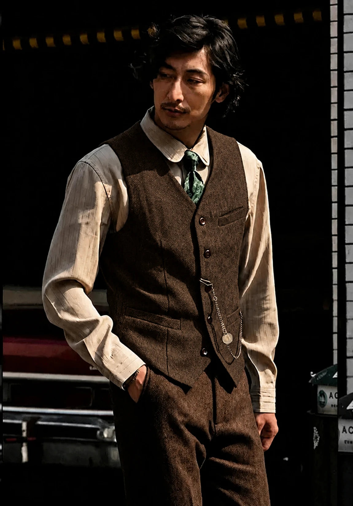 Men's Suit Vest + Coffee + Herringbone + Front Styled Look