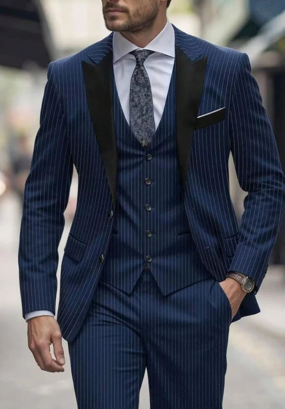 Elegant Navy Pinstripe Men's Prom Suit for Gentleman Style