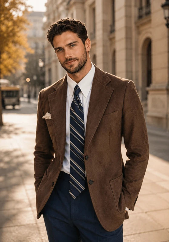 Front view of men's suede blazer in brown