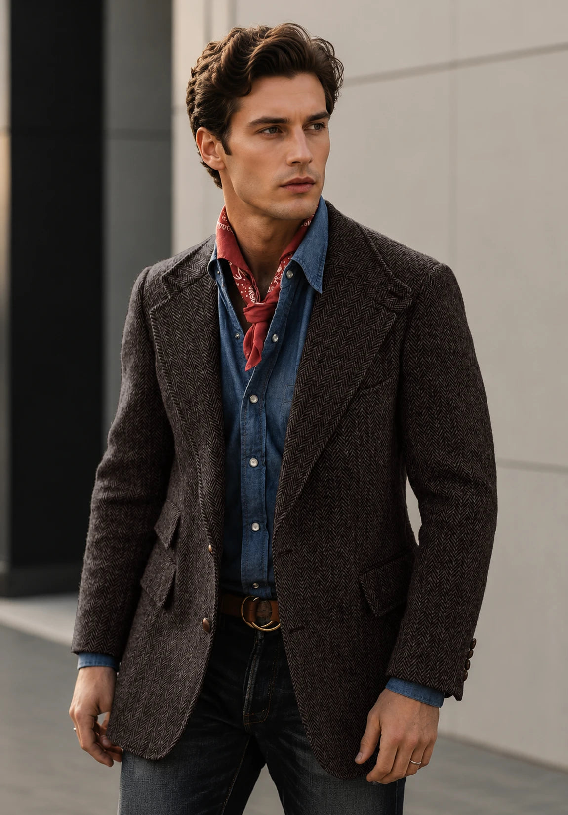 Men's coffee herringbone jacket
