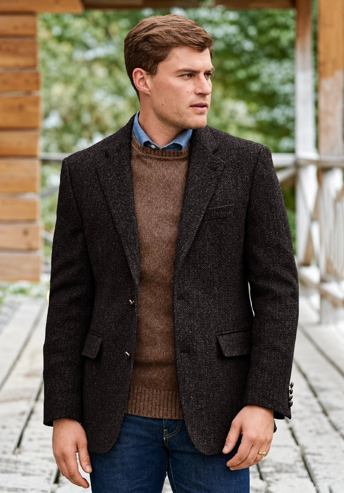 Men's coffee herringbone jacket