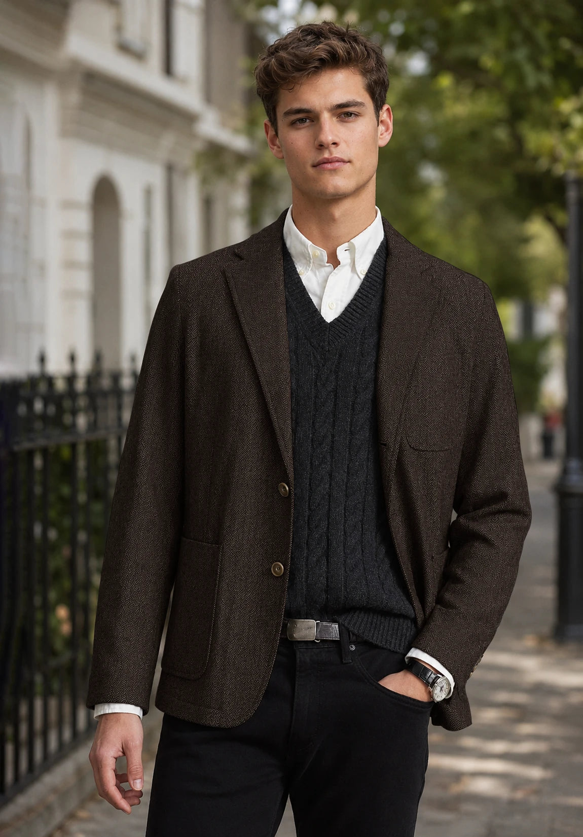 Men's coffee herringbone jacket