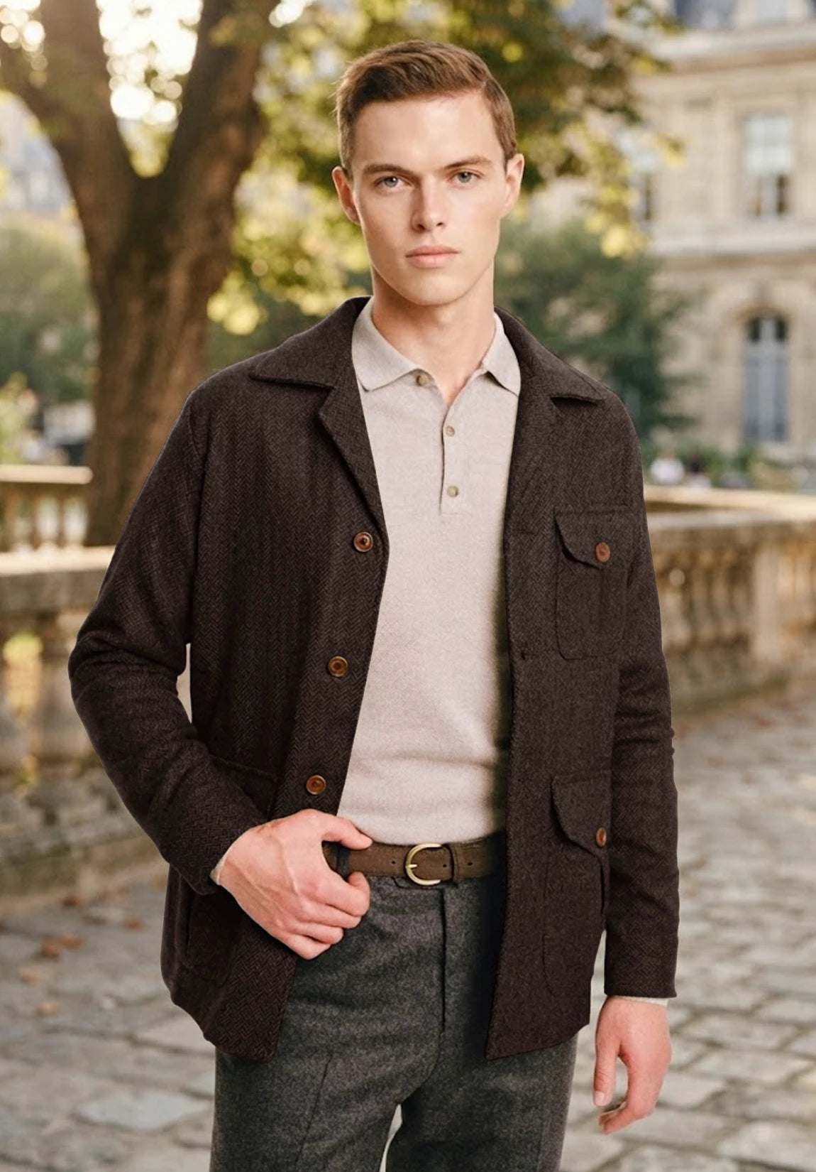 Men's coffee herringbone jacket