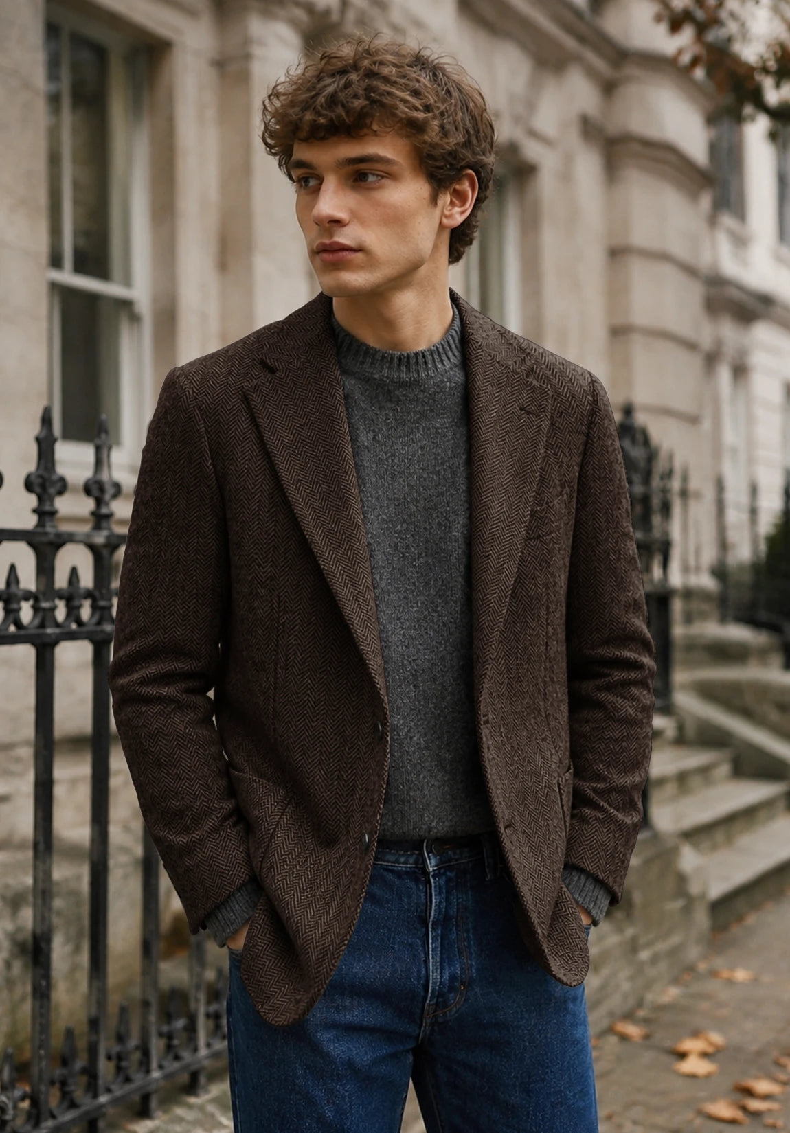 Men's coffee herringbone jacket