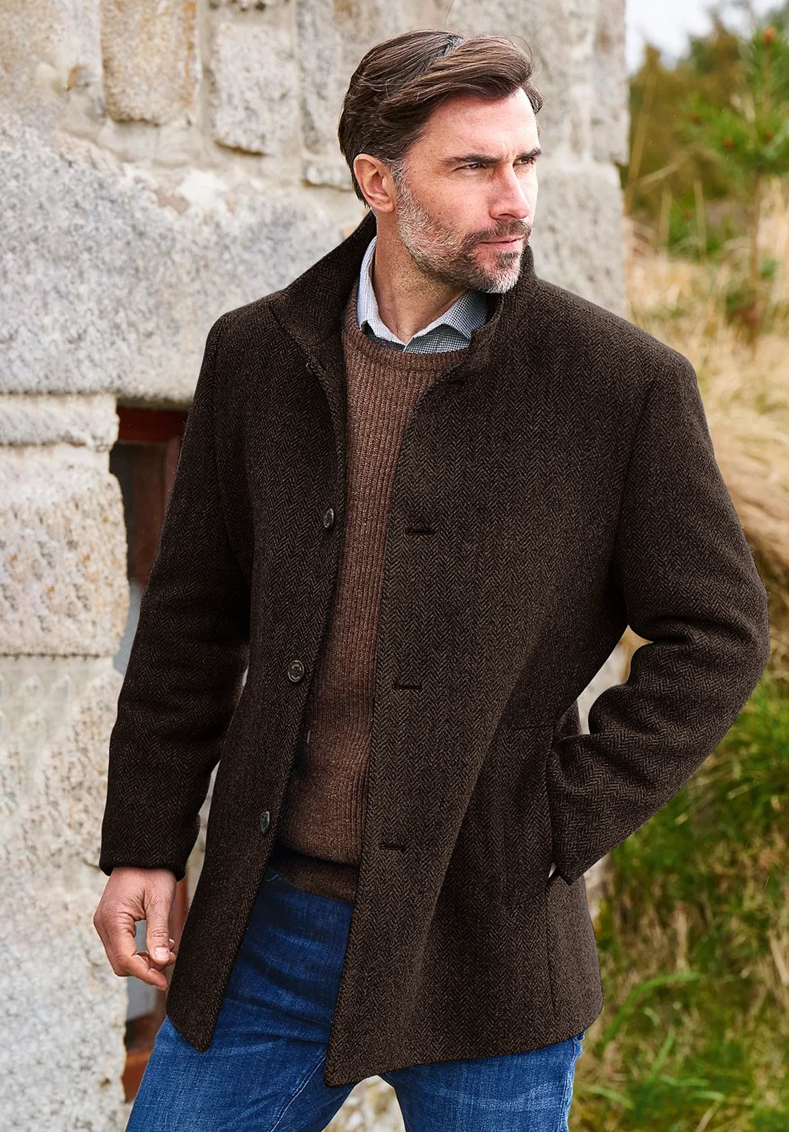 Men's coffee herringbone jacket