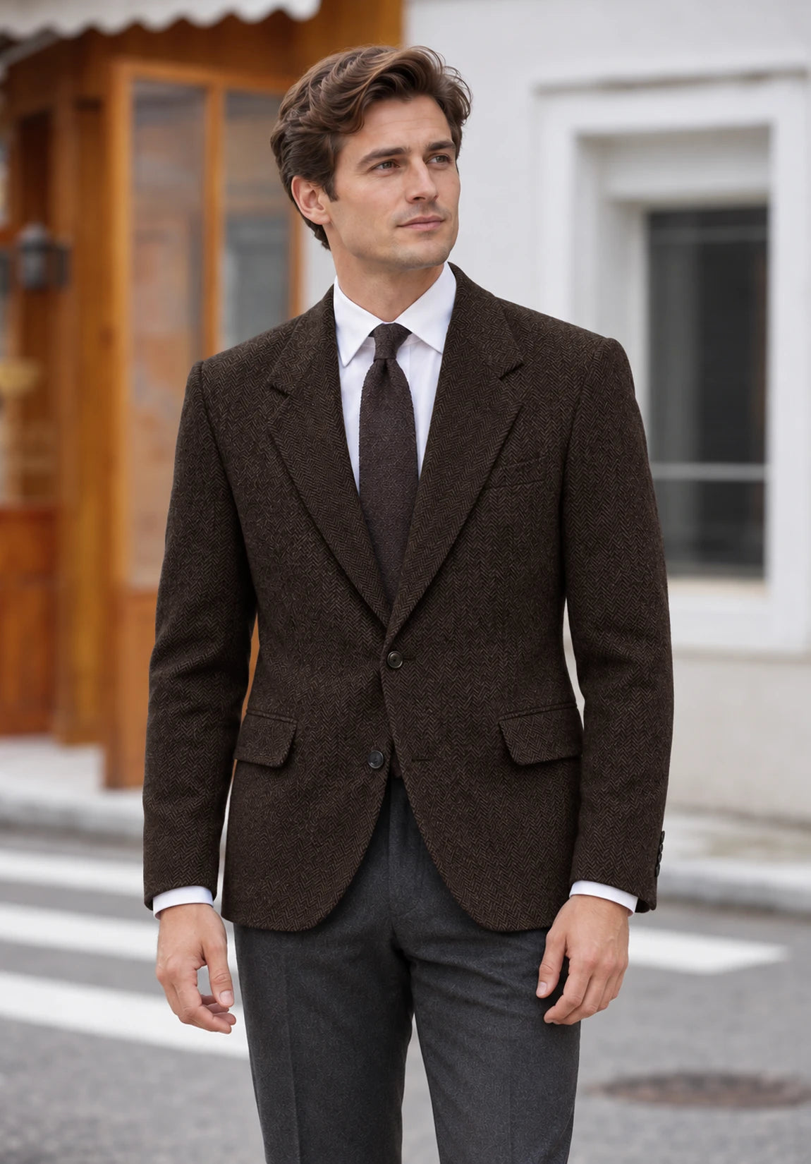 Men's coffee herringbone jacket