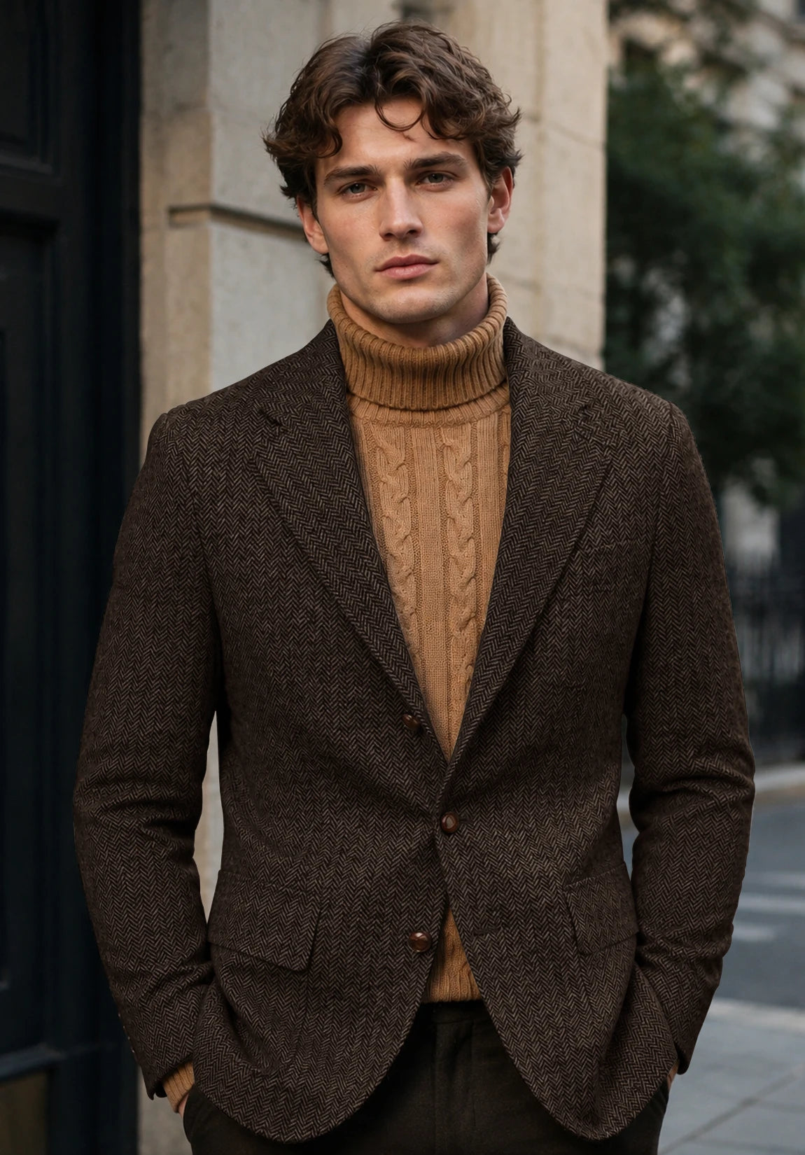 Men's coffee herringbone jacket