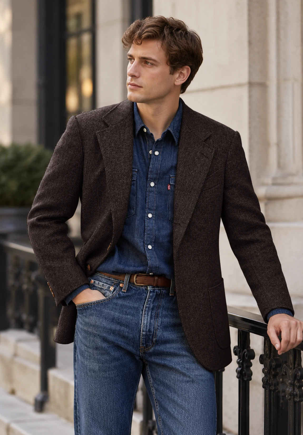 Men's coffee herringbone jacket
