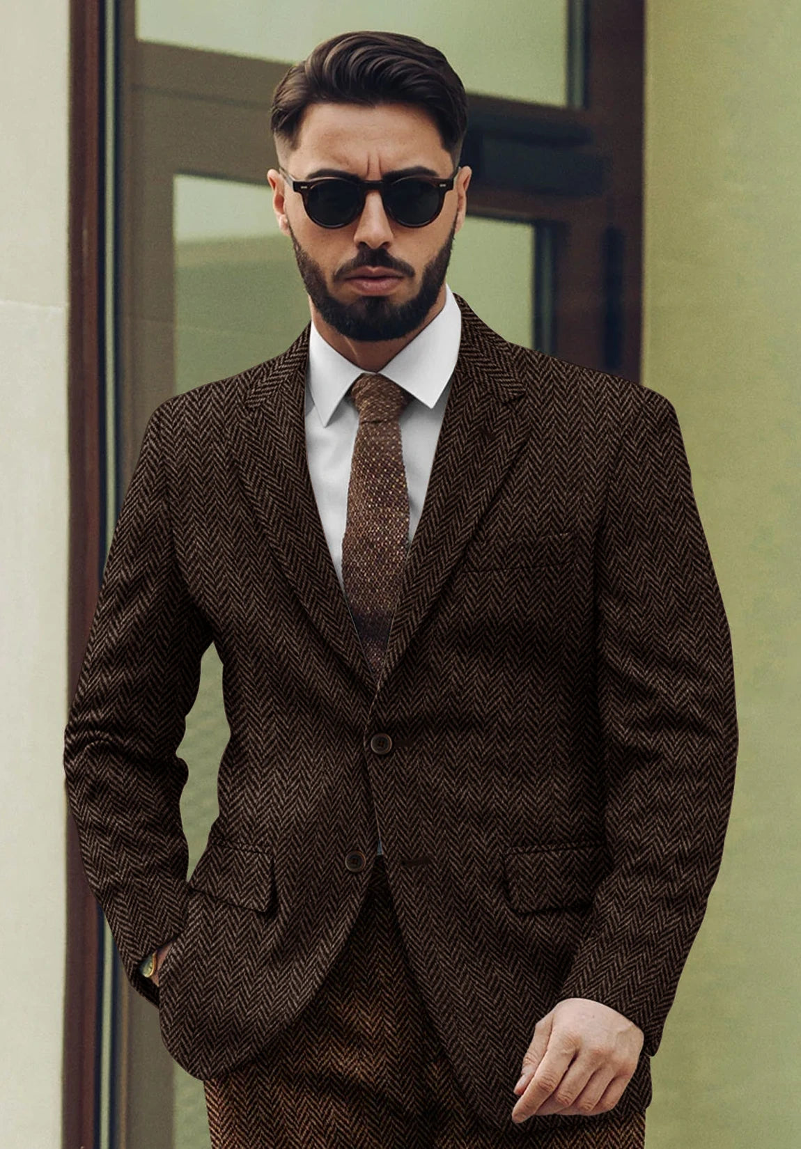 Men's coffee herringbone jacket