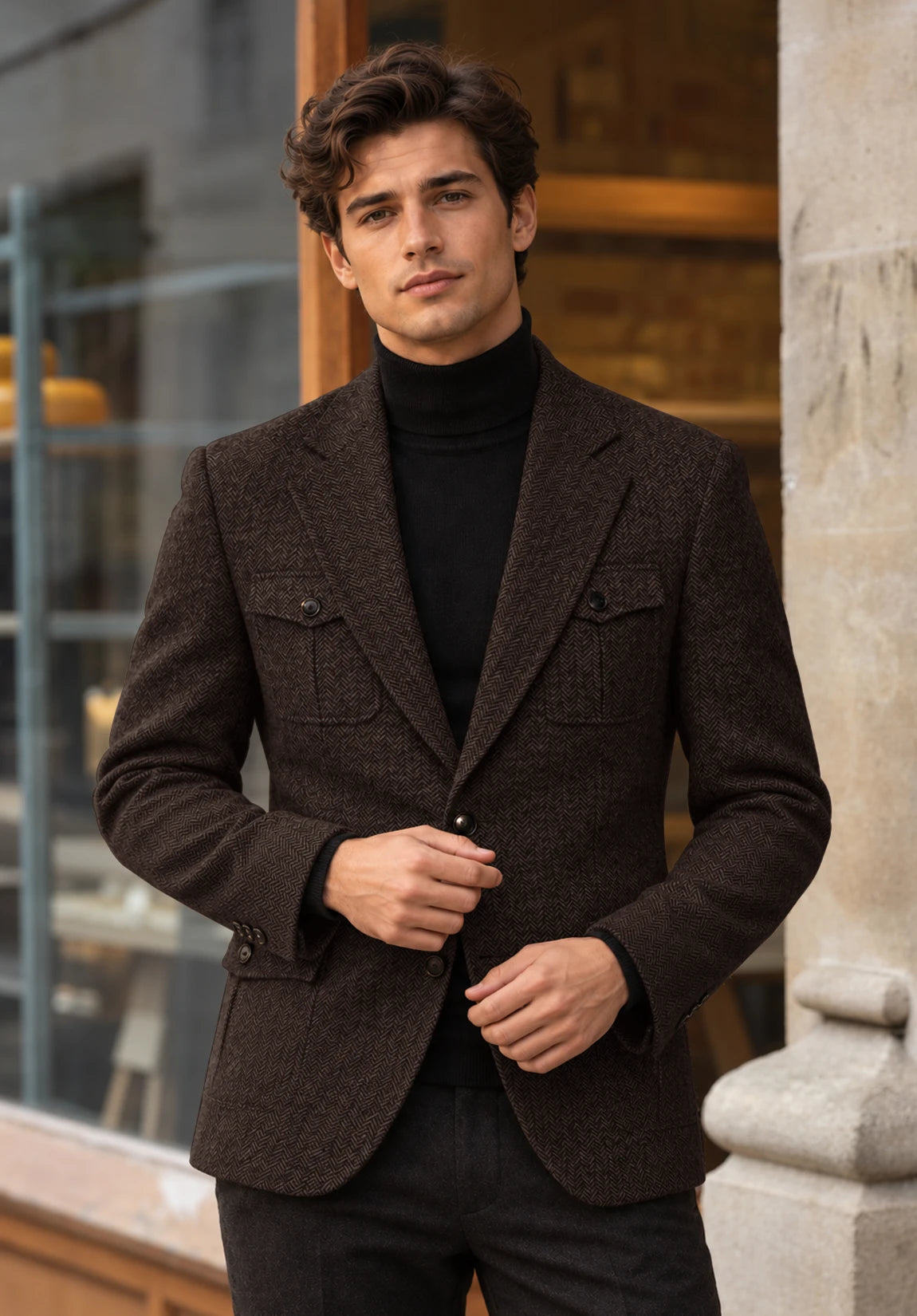 Men's coffee herringbone jacket