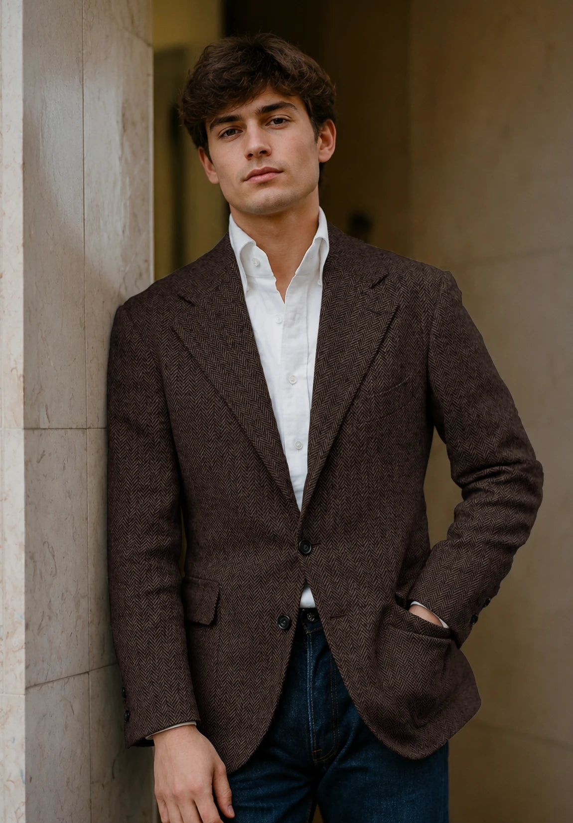 Men's coffee herringbone jacket