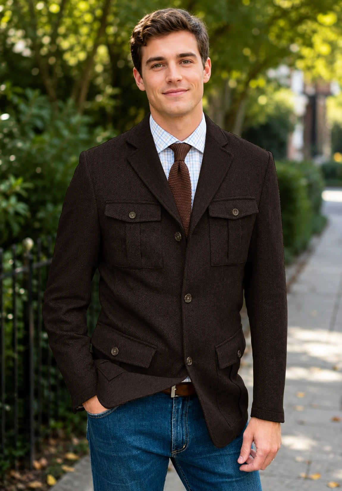 Men's coffee herringbone jacket