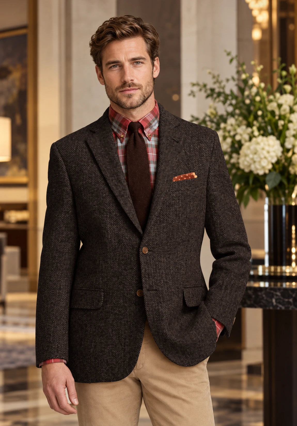 Men's coffee herringbone jacket