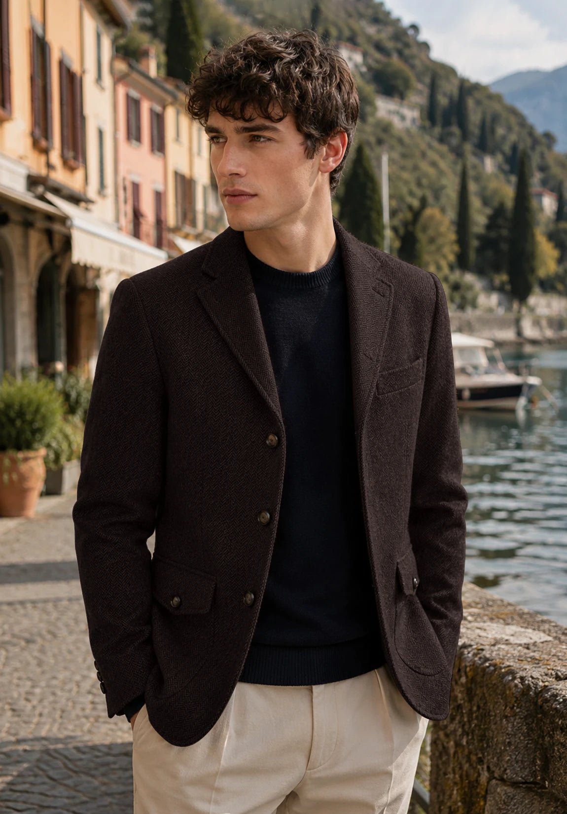 Men's coffee herringbone jacket
