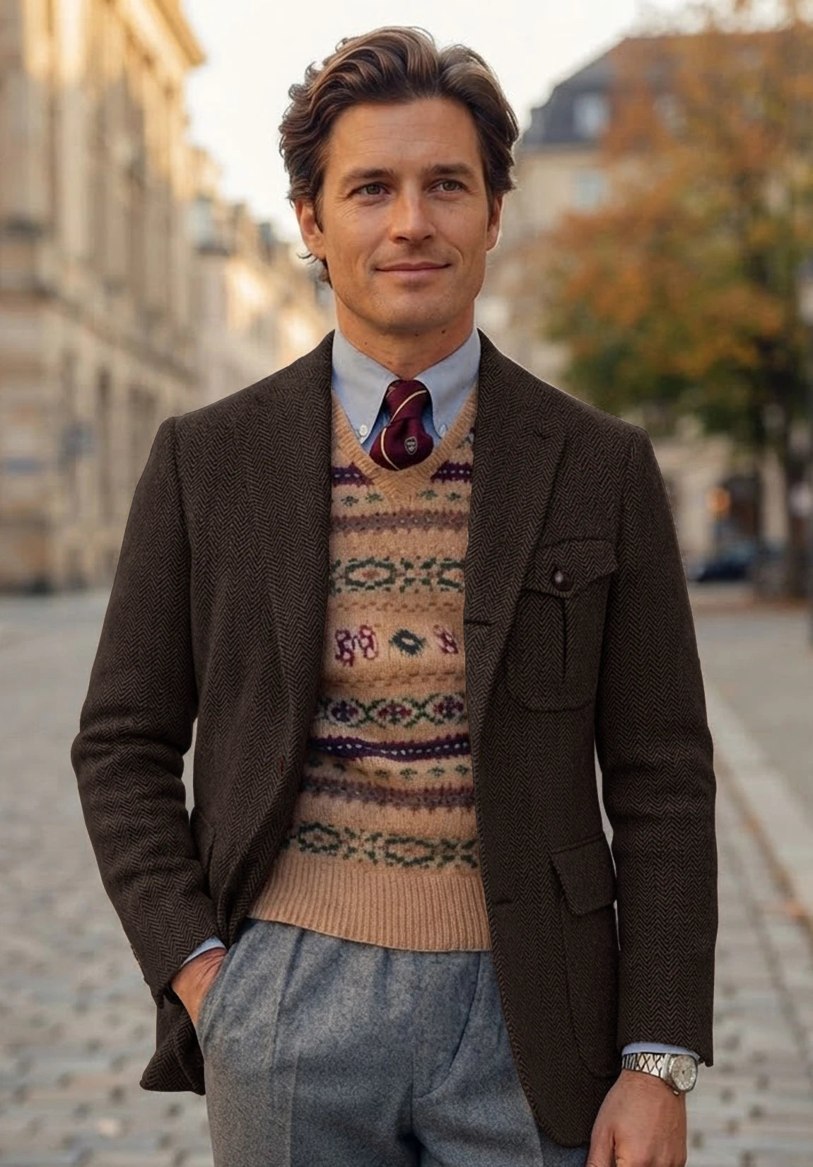 Men's coffee herringbone jacket