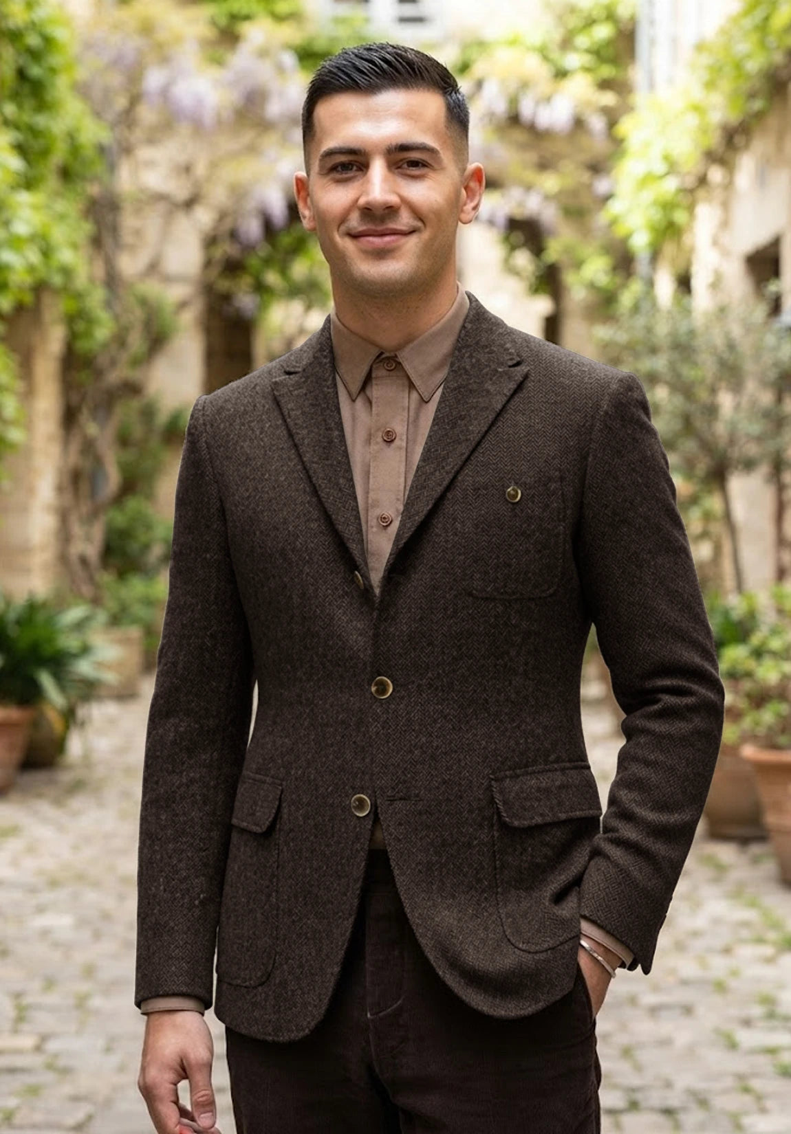Men's coffee herringbone jacket