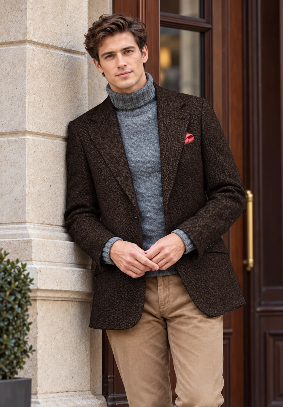 Men's coffee herringbone jacket
