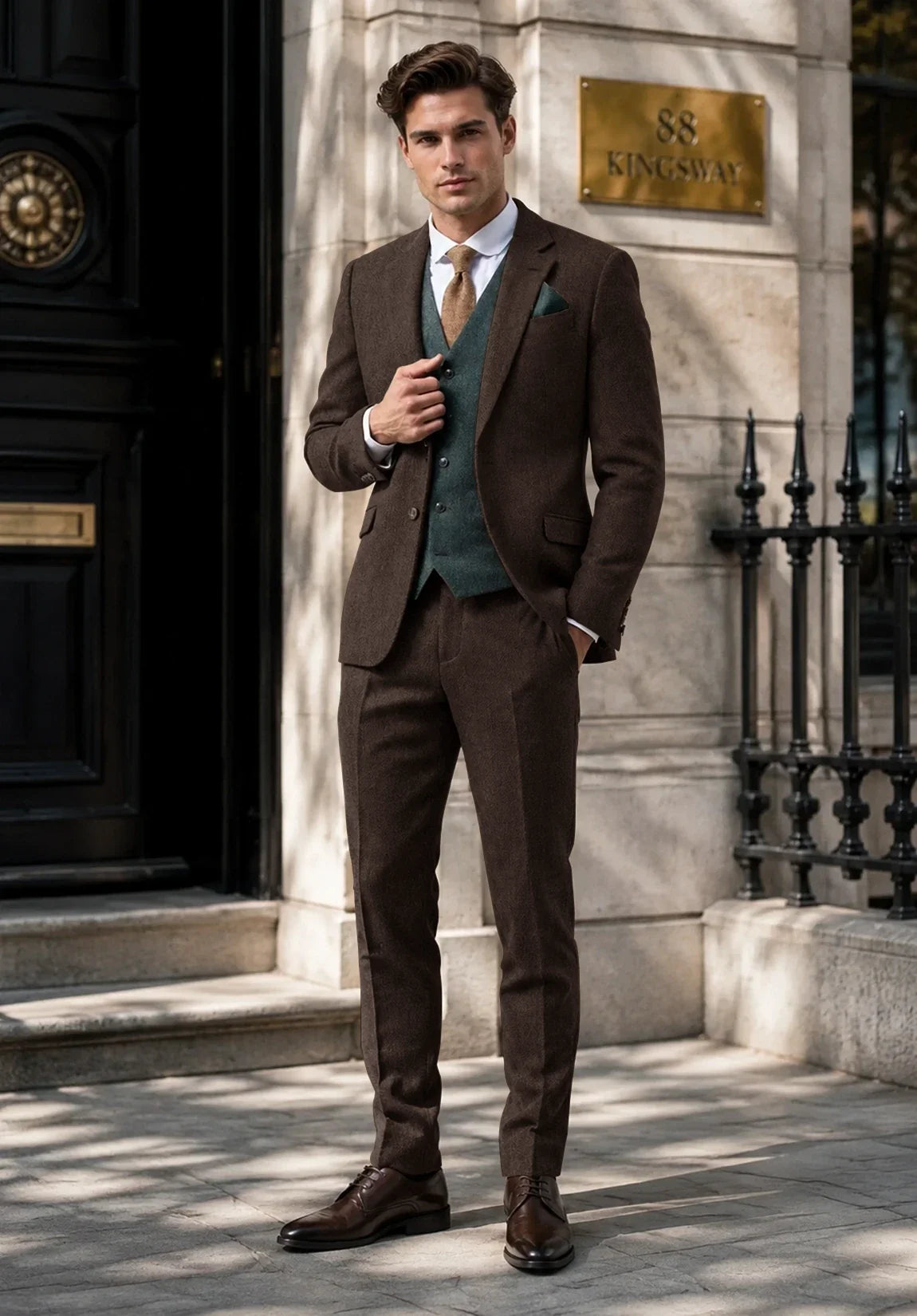 Men's Slim Fit Premium Herringbone 2 Piece Suit for Office