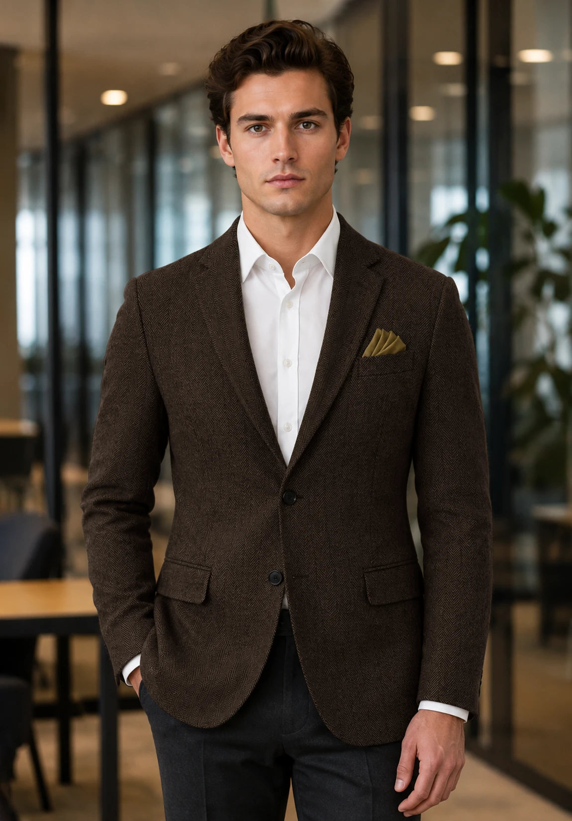 Men's coffee herringbone jacket