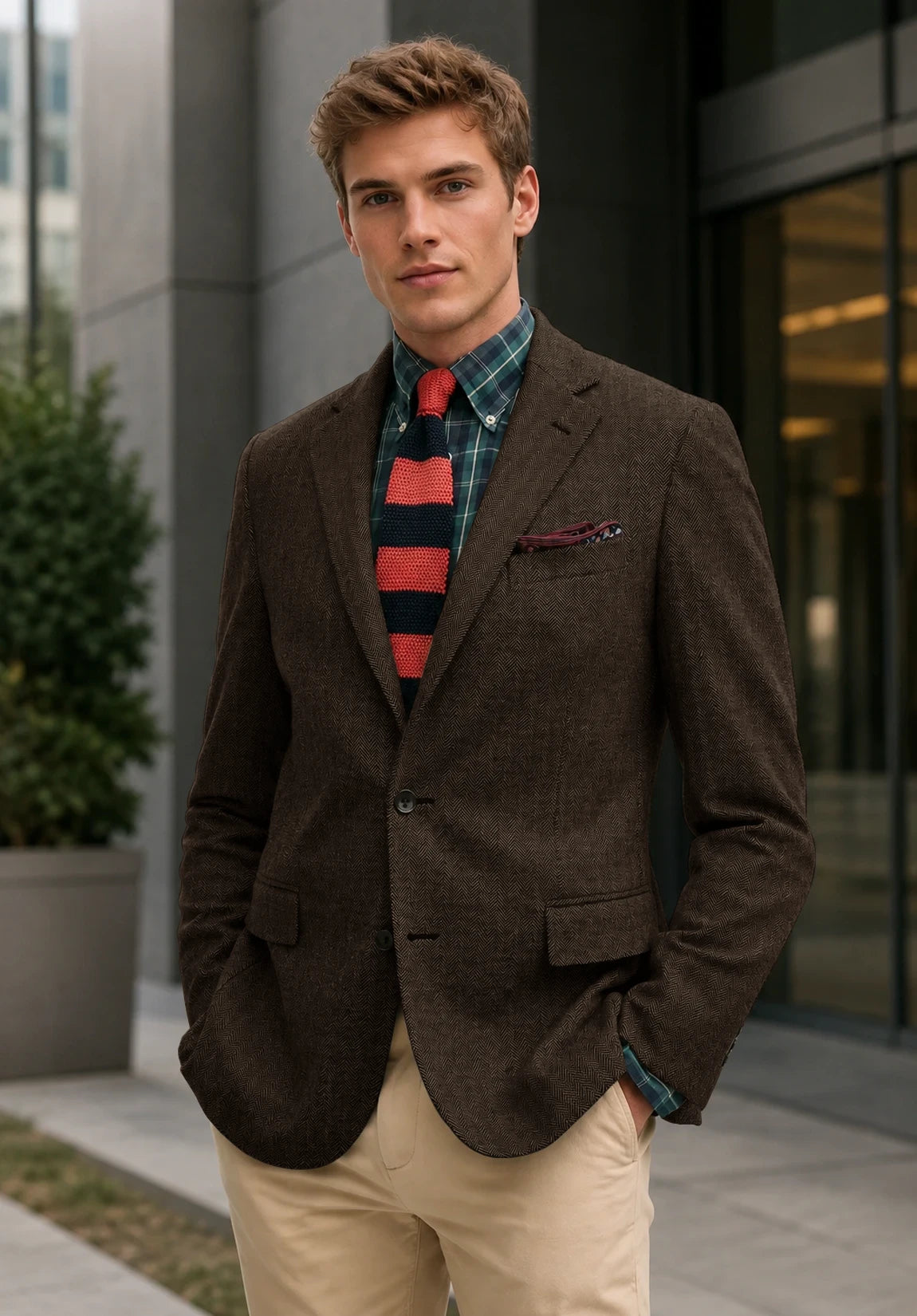 Men's coffee herringbone jacket