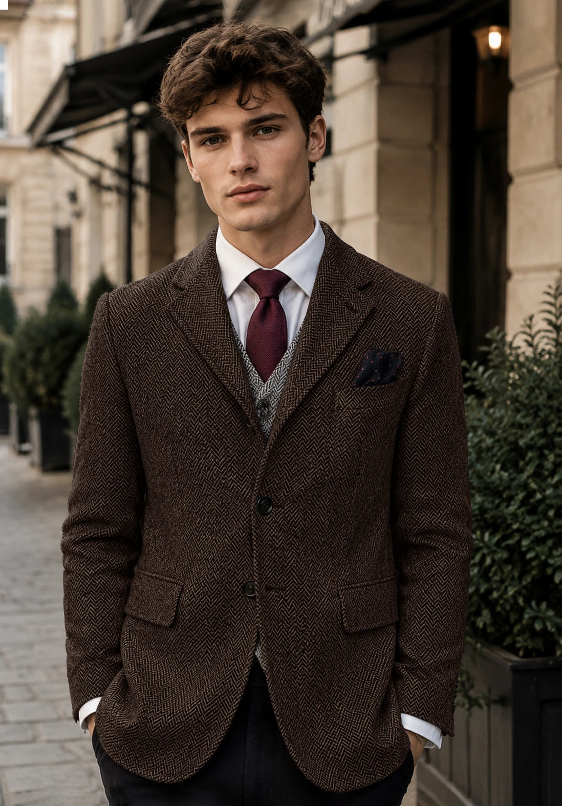 Men's coffee herringbone jacket