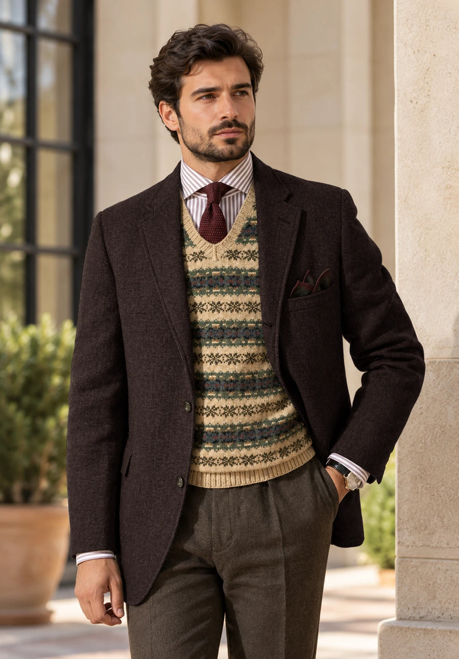 Men's coffee herringbone jacket