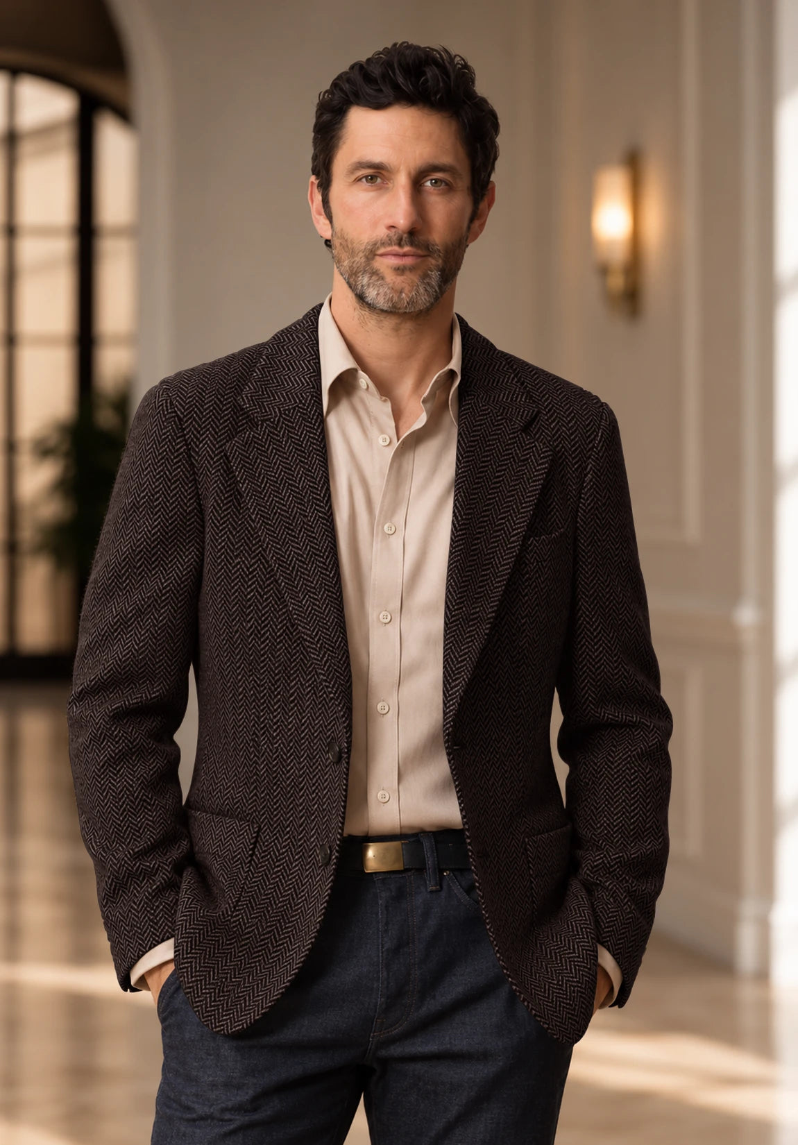 Men's coffee herringbone jacket
