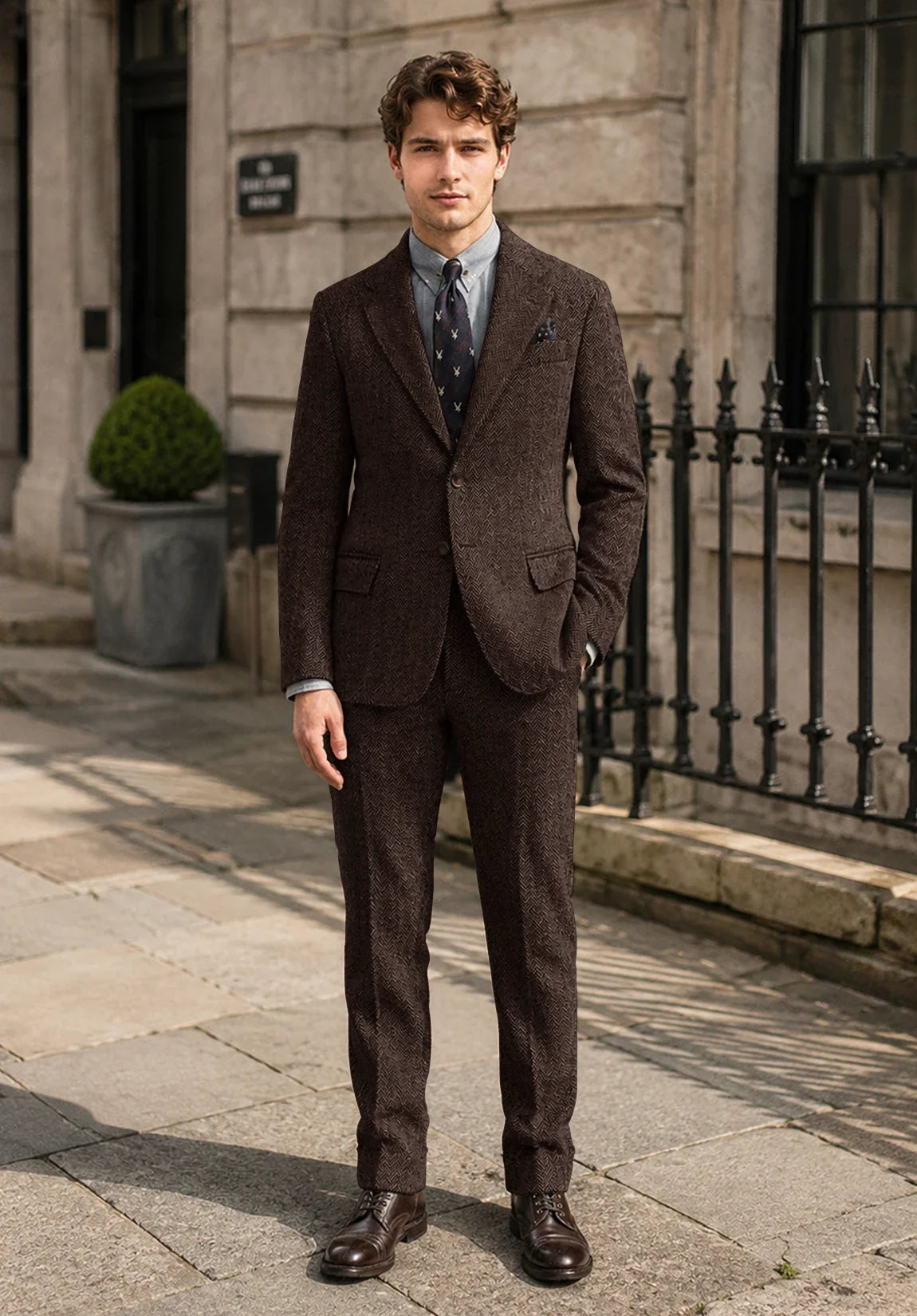 Men's Slim Fit Premium Herringbone 2 Piece Suit for Formal Events
