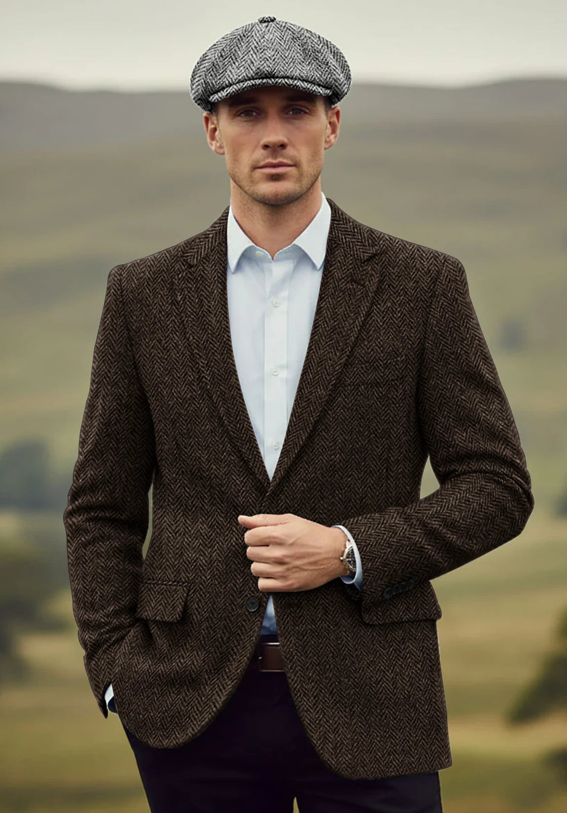 Men's coffee herringbone jacket