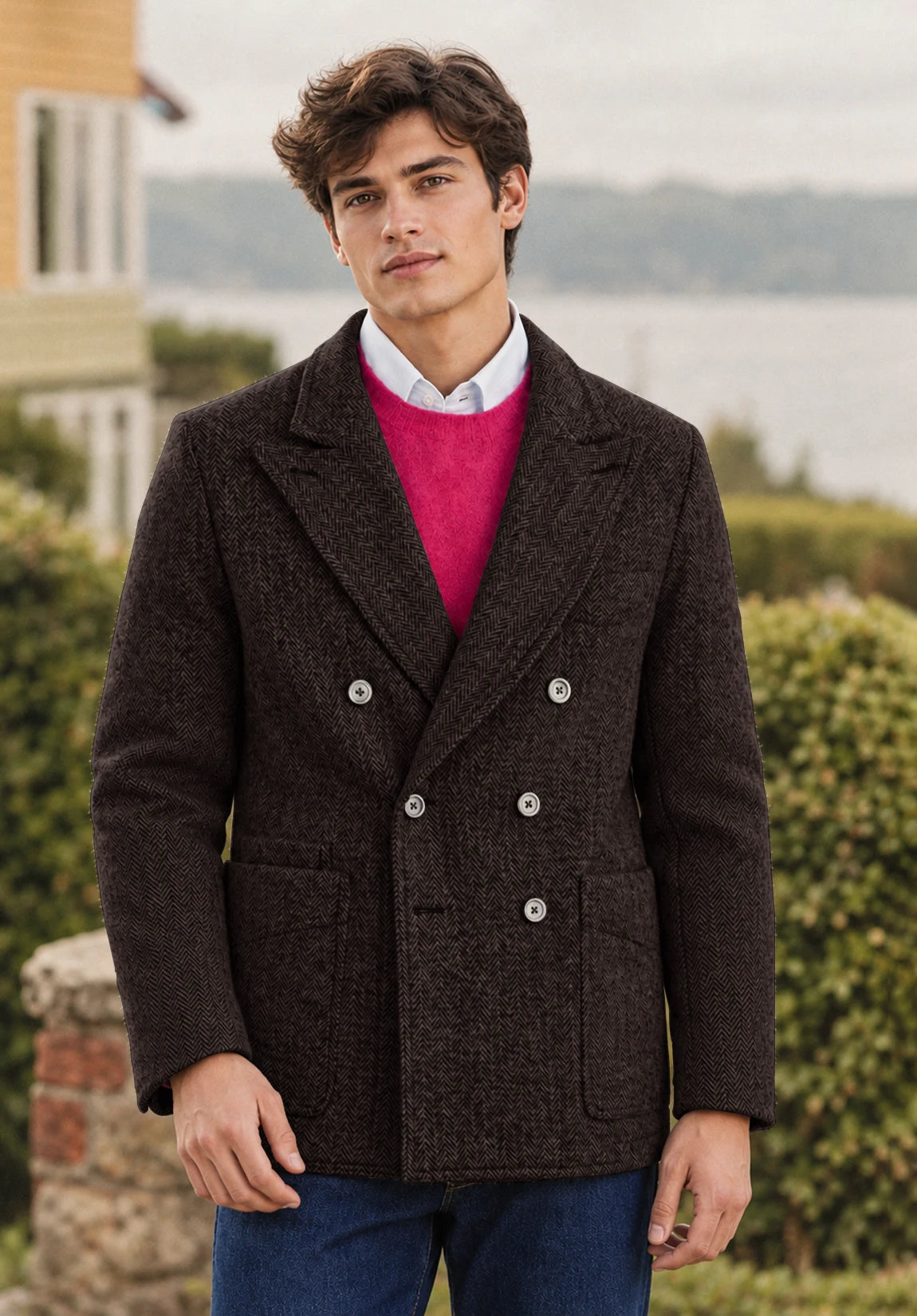 Men's coffee herringbone jacket