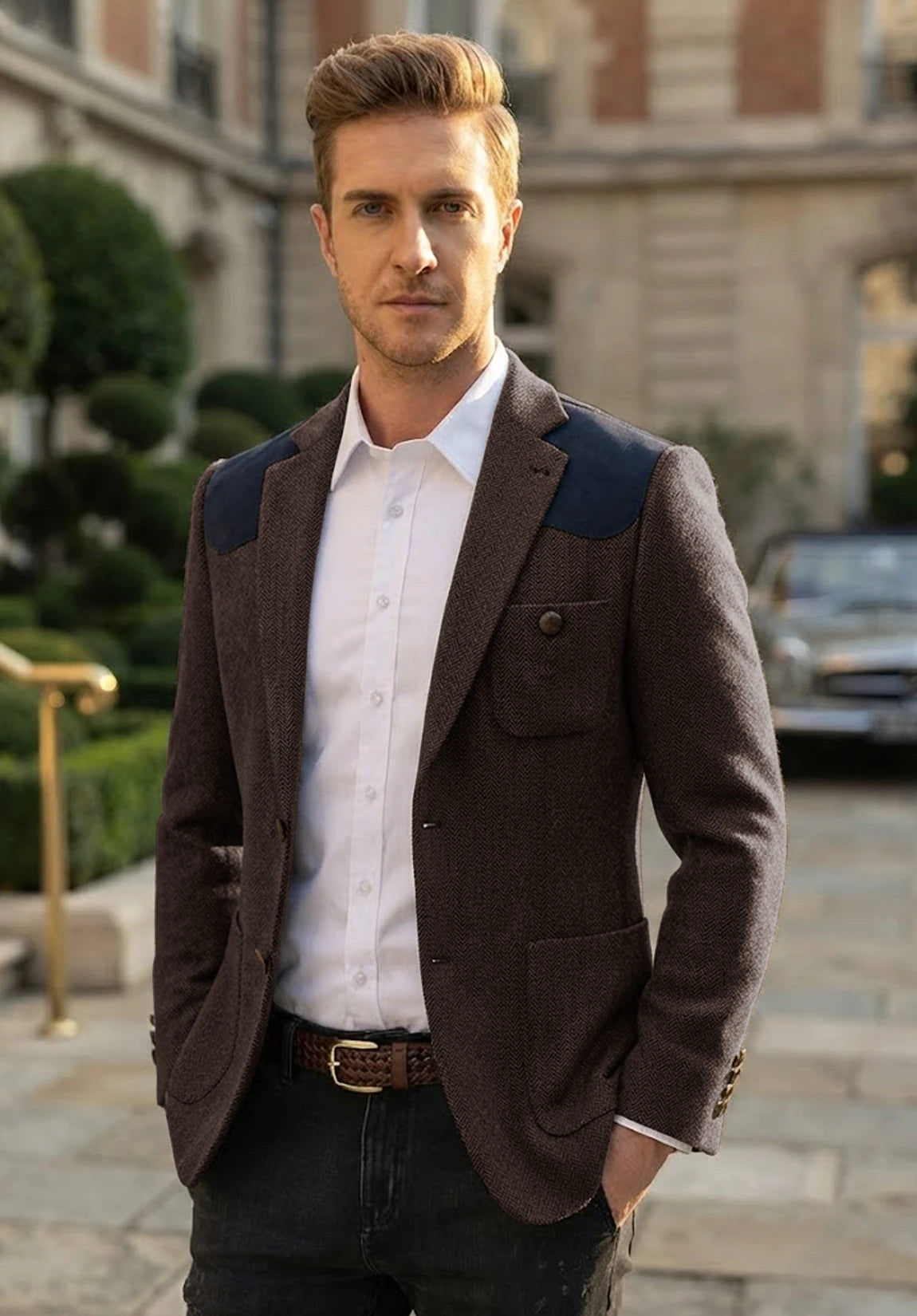 Men's coffee herringbone jacket