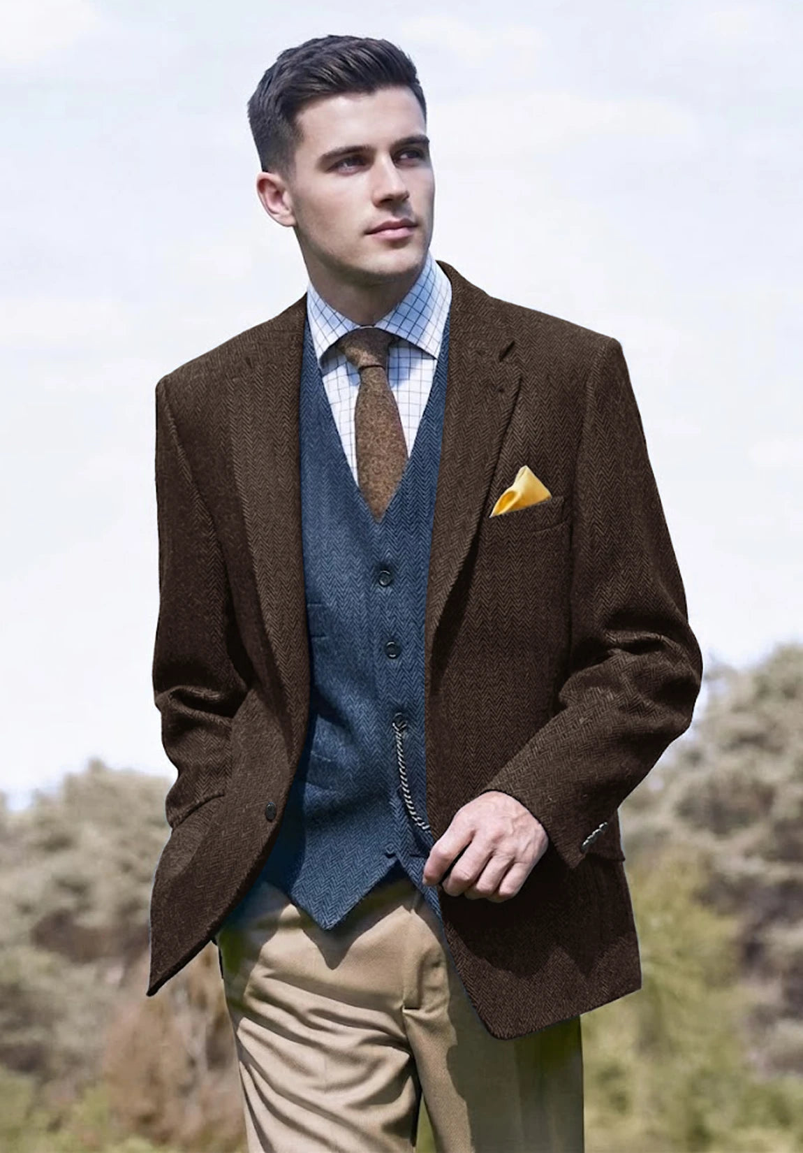 Men's coffee herringbone jacket