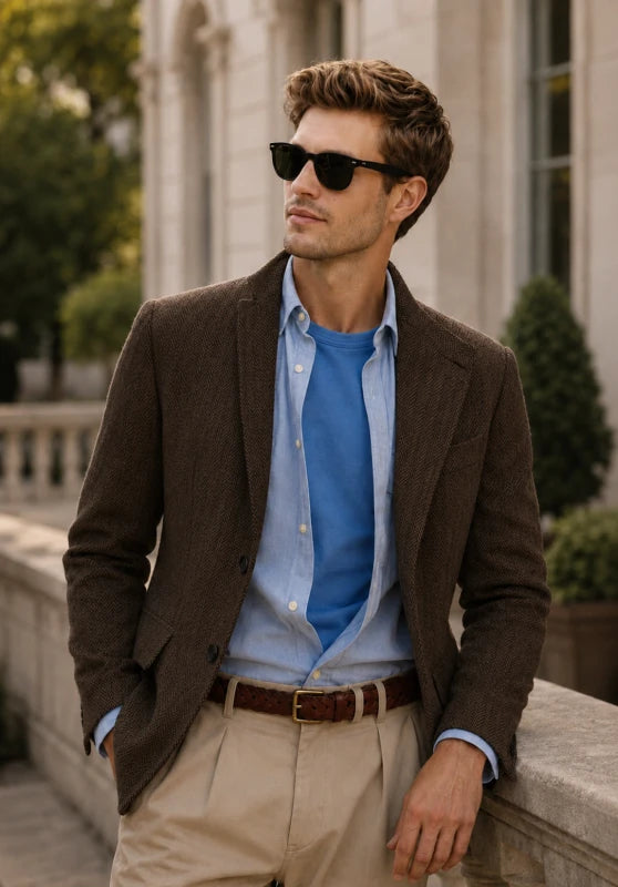 Men's herringbone tweed blazer, charcoal wool-blend fabric classic-fit close-up fabric and pocket detail
