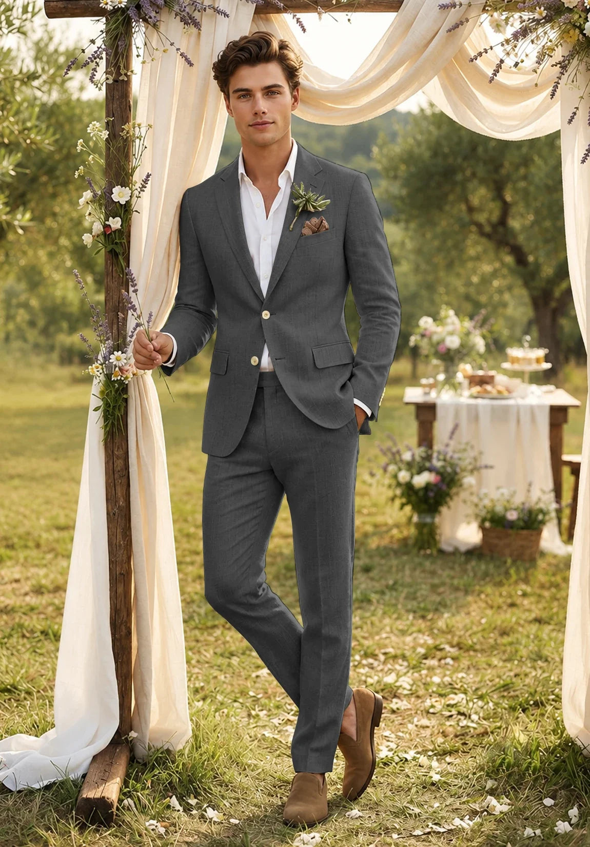 Men's Slim Fit Linen Blend 2 Piece Suit for Wedding