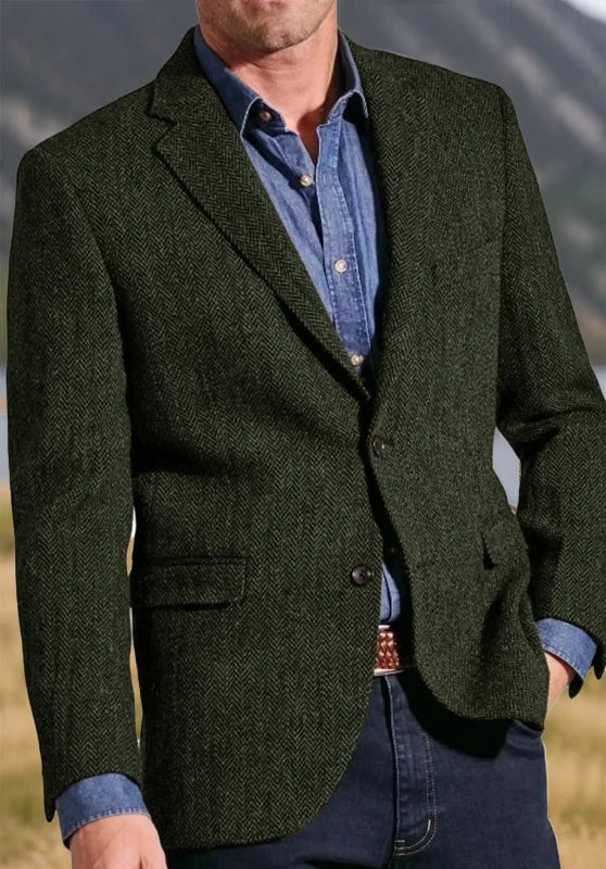 Men's tweed blazer, dark green textured tweed classic-fit close-up fabric and pocket detail