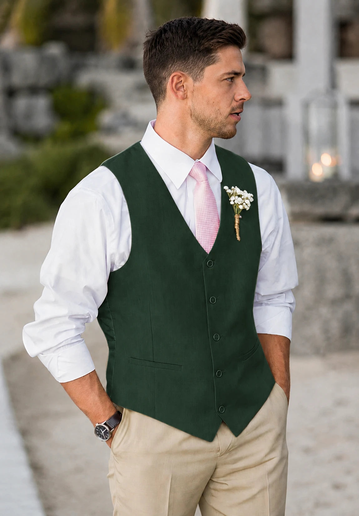 Men's Suit Vest + Dark Green + Five-Button Design + Front Styled Look