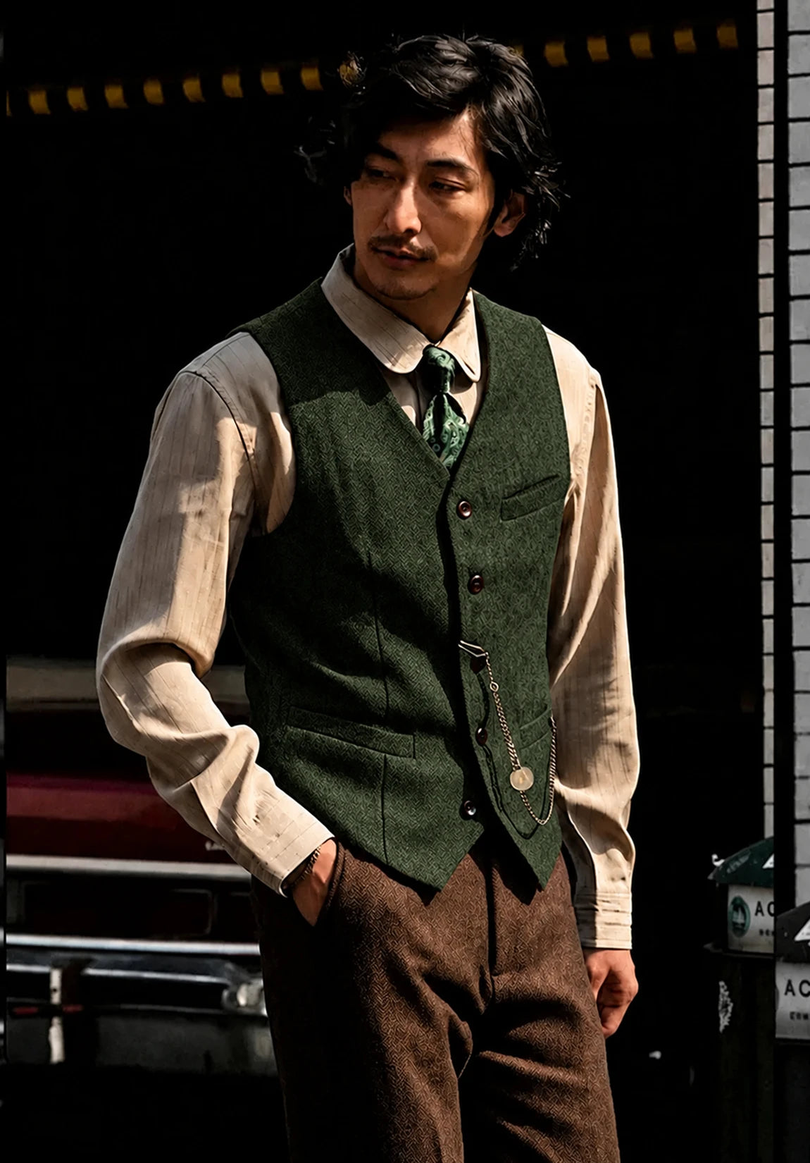 Men's Suit Vest + Dark Green + Herringbone + Front Styled Look