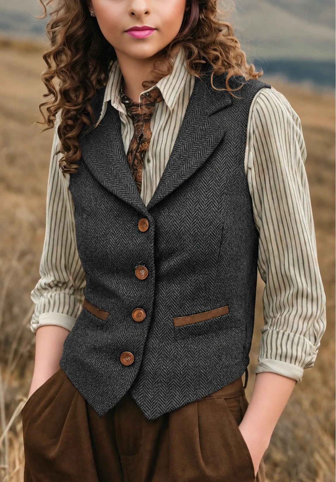 Women's Suit Vest Dark Grey Herringbone Front Styled Look