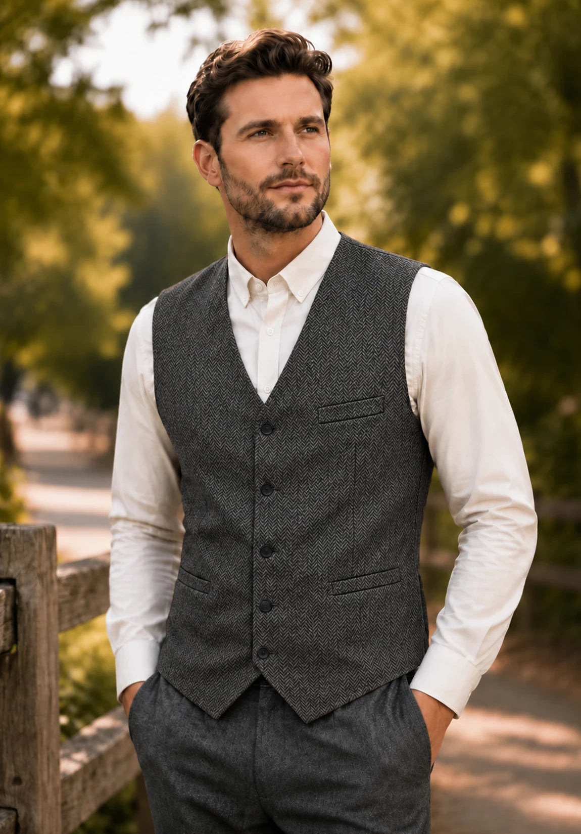 Men's Suit Vest + Dark Grey + Herringbone + Front Styled Look
