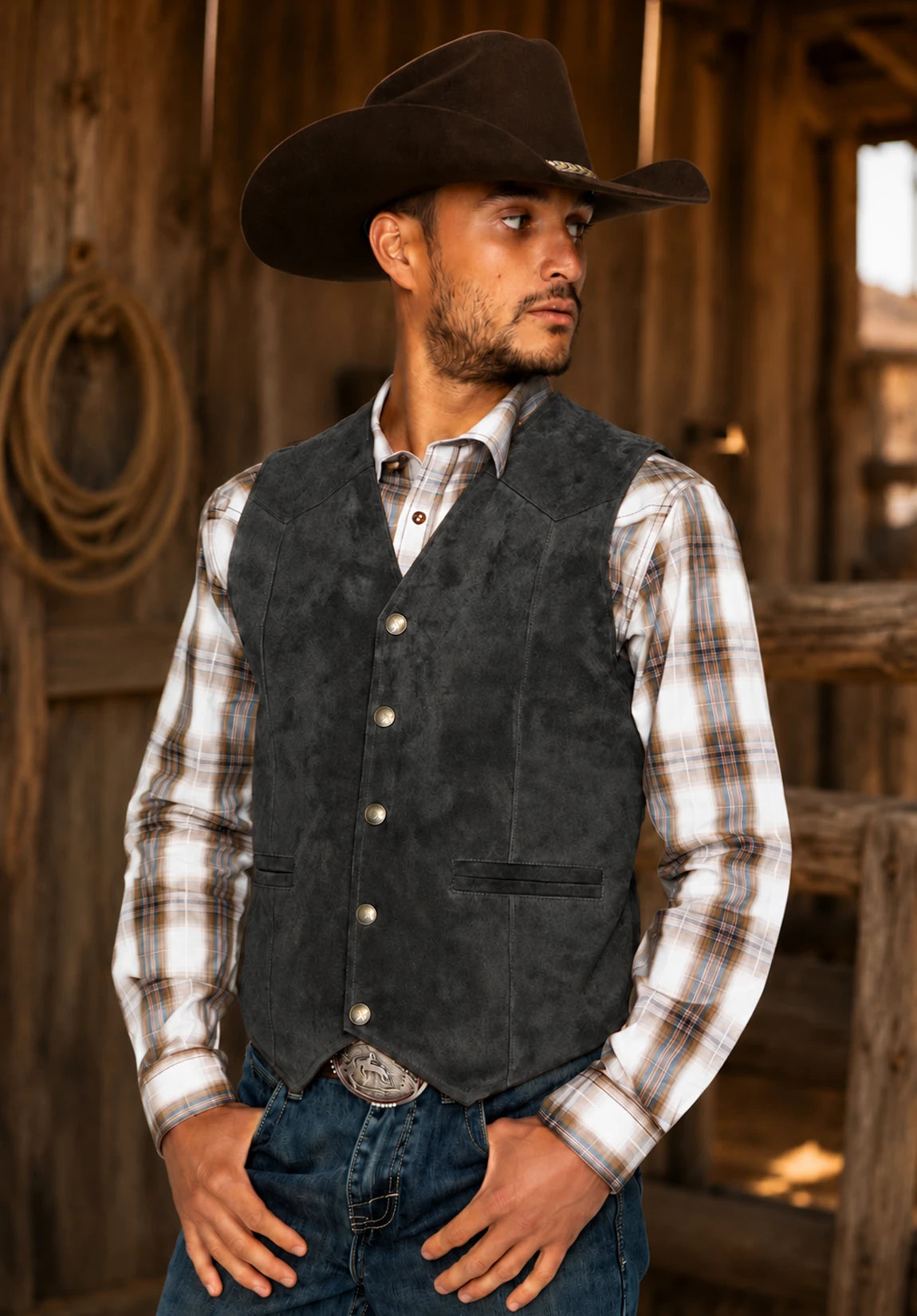 Men's Suit Vest Dark Grey Suede Front Styled Look