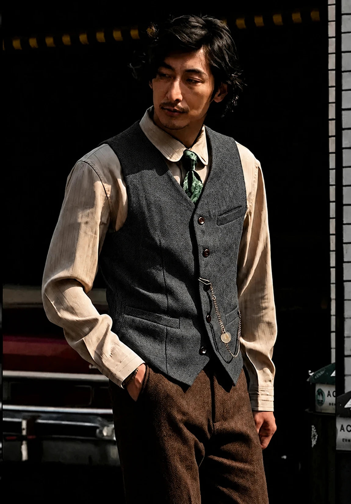 Men's Suit Vest + Dark Grey + Herringbone + Front Styled Look