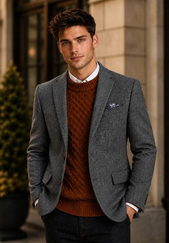Men's herringbone tweed blazer, dark grey wool-blend fabric slim-fit close-up fabric and pocket detail