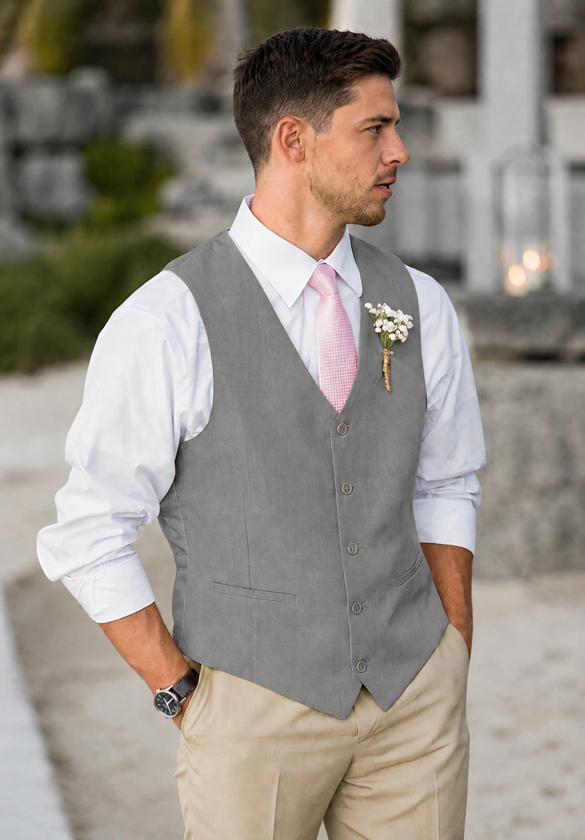 Men's Suit Vest + Dark Grey + Five-Button Design + Front Styled Look