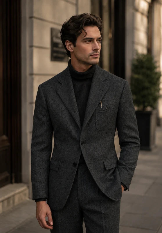 Men's herringbone tweed blazer, dark grey wool-blend fabric slim-fit close-up fabric and pocket detail