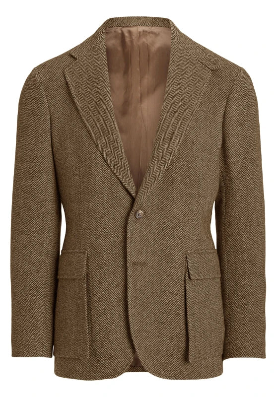 Men's herringbone tweed blazer, black wool-blend fabric classic-fit front view with 2-button closure