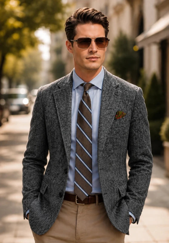 Men's herringbone tweed blazer, grey wool-blend fabric classic-fit close-up fabric and pocket detail