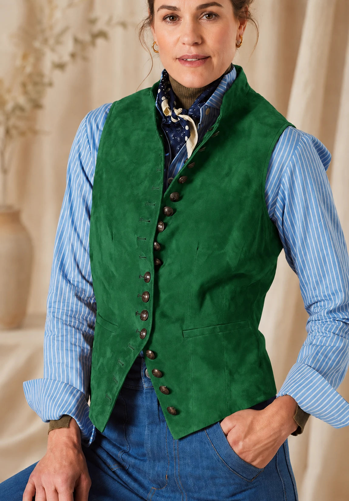 Women's Suit Vest Green Suede Front Styled Look
