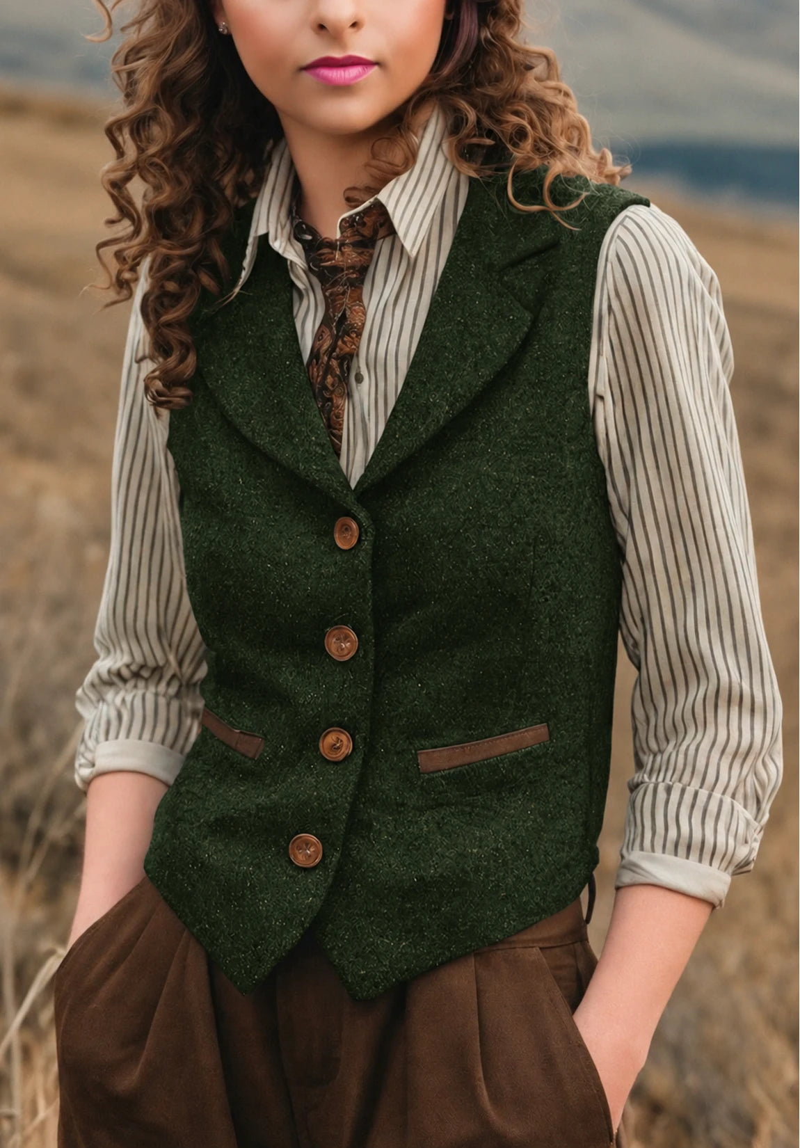 Women's Suit Vest Dark Green Herringbone Front Styled Look